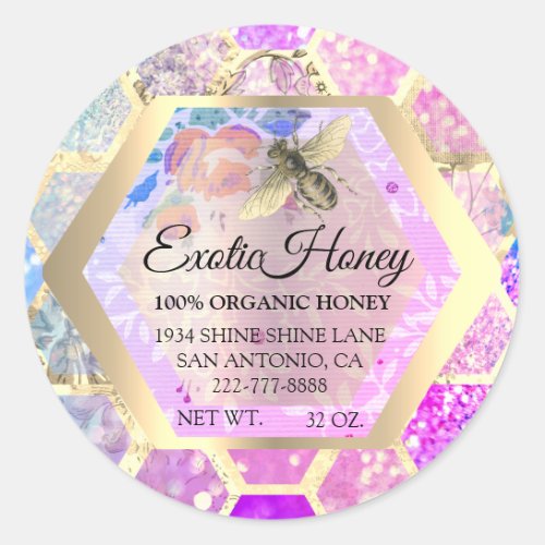 Honey Jar Honeybee Honeycomb Apiary Pink Glitter Classic Round Sticker