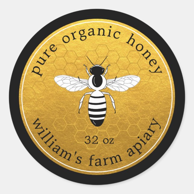 Honey Jar Label Bee Apiary Gold Honeycomb Black (Front)