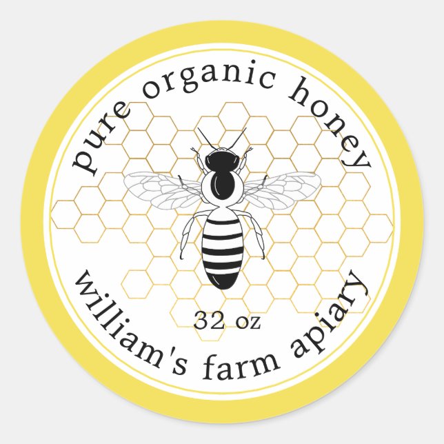 Honey Jar Label Bee Apiary Gold Honeycomb Yellow (Front)