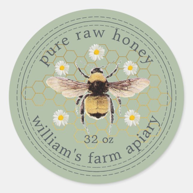 Honey Jar Label Honey Bee Apiary Laurel Green (Front)