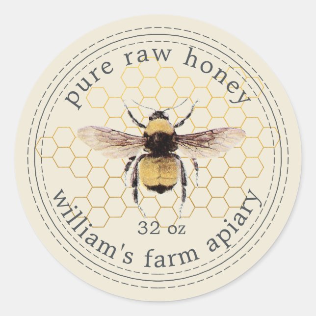 Honey Jar Label Honeybee Apiary Antique White (Front)