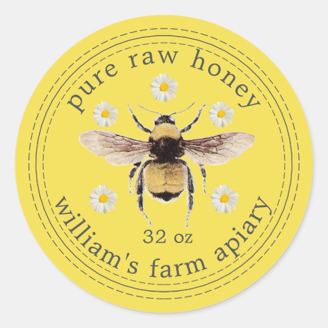 Honey Jar Label Honeybee Apiary Bright Yellow (Front)