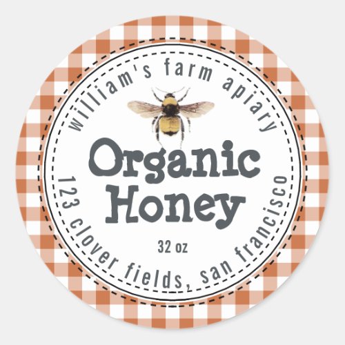 Honey Jar Label Honeybee Apiary Burnt Orange Check
