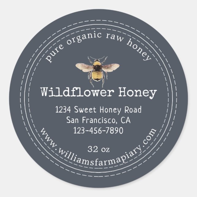 Honey Jar Label Honeybee Apiary Charcoal Dark Blue (Front)