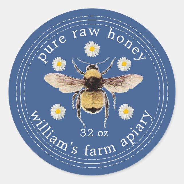 Honey Jar Label Honeybee Apiary Classic Blue (Front)
