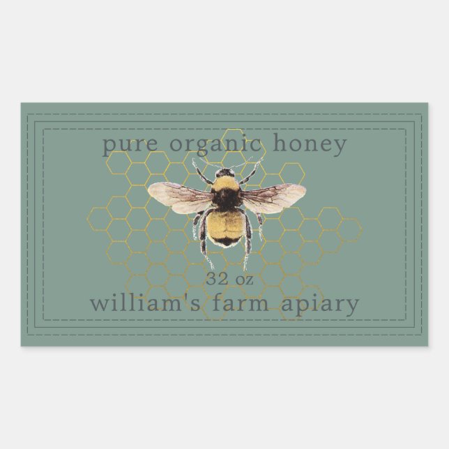 Honey Jar Label Honeybee Apiary Dusty Green (Front)