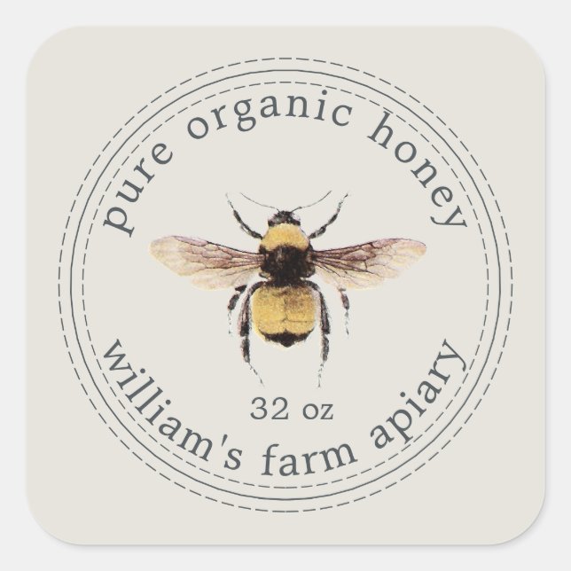 Honey Jar Label Honeybee Apiary Gray (Front)