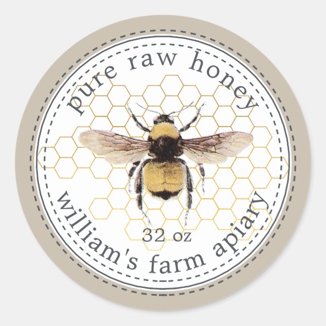 Honey Jar Label Honeybee Apiary Gray (Front)
