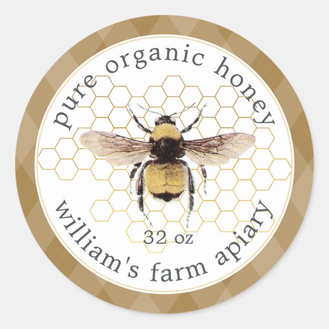 Honey Jar Label Honeybee Apiary Honeycomb Gold (Front)