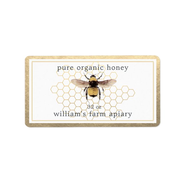 Honey Jar Label Honeybee Apiary Honeycomb Gold (Front)