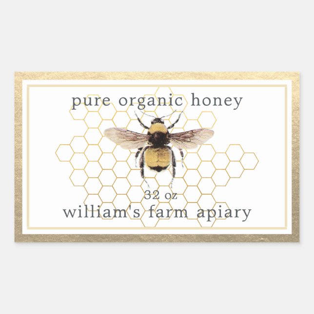 Honey Jar Label Honeybee Apiary Honeycomb Gold (Front)
