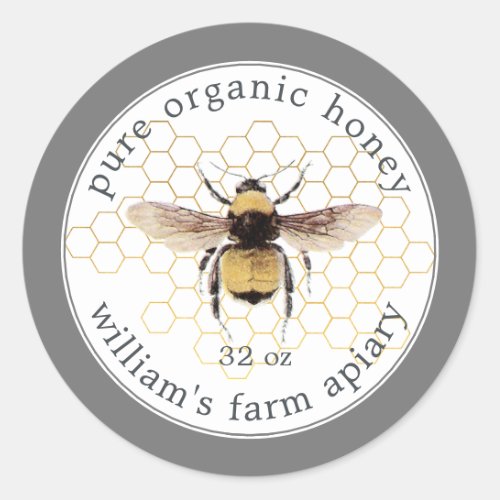 Honey Jar Label Honeybee Apiary Honeycomb Gray