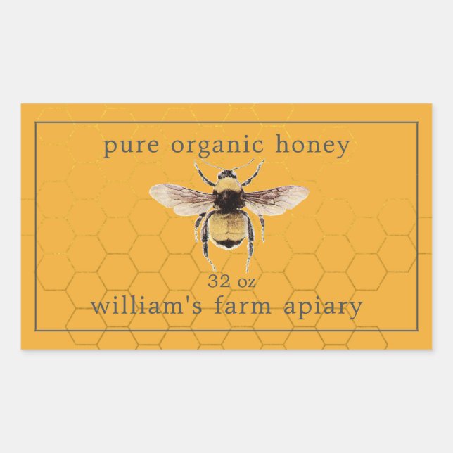 Honey Jar Label Honeybee Apiary Honeycomb Yellow (Front)