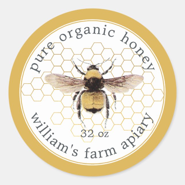 Honey Jar Label Honeybee Apiary Honeycomb Yellow (Front)