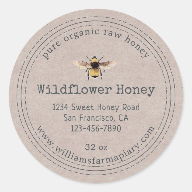 Honey Jar Label Honeybee Apiary Kraft Paper (Front)
