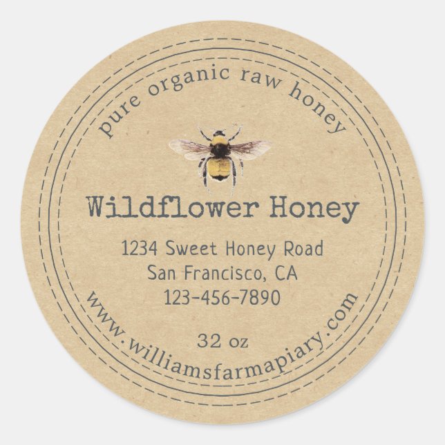 Honey Jar Label Honeybee Apiary Kraft Paper (Front)