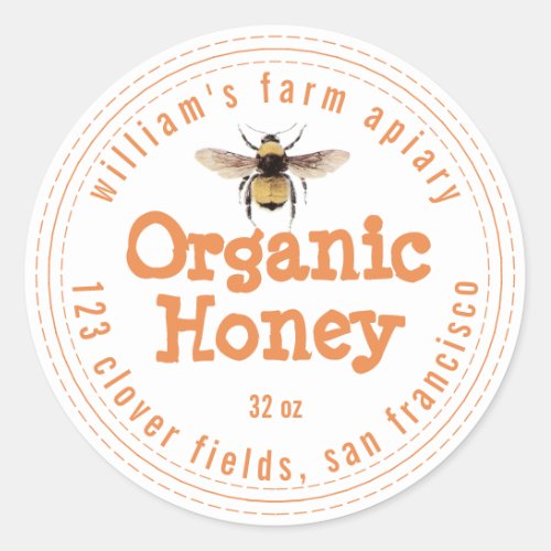 Honey Jar Label Honeybee Apiary Orange White
