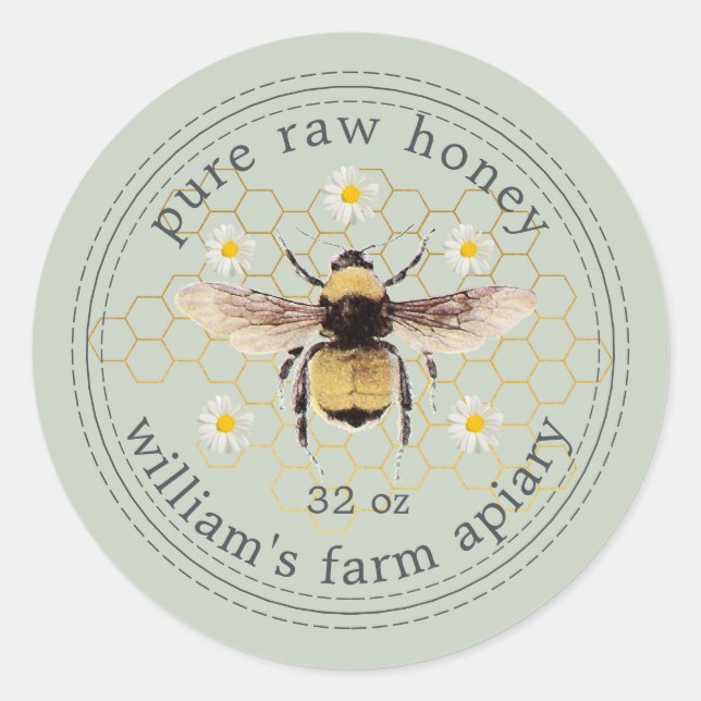 Honey Jar Label Honeybee Apiary Pastel Green (Front)