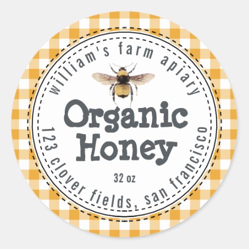 Honey Jar Label Honeybee Apiary Yellow Check