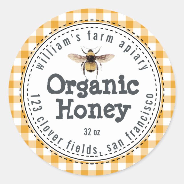 Honey Jar Label Honeybee Apiary Yellow Check (Front)