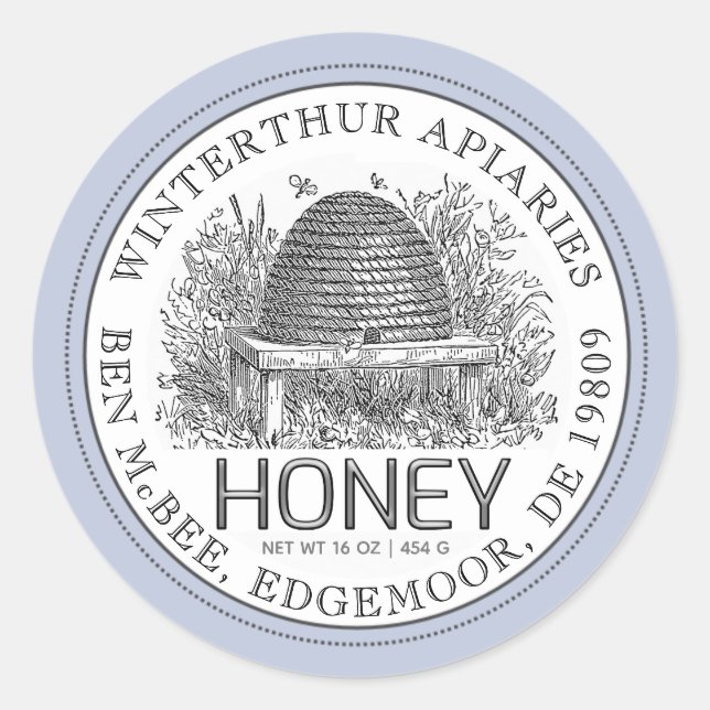 Honey Jar Label (Vintage Skep) Blue Border (Front)
