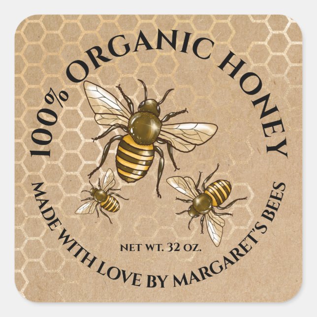 Honey Jar Labels Honeybee Honeycomb Bee Product (Front)
