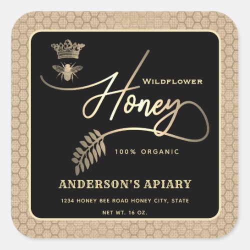 Honey jar modern script queen bee linen look square sticker