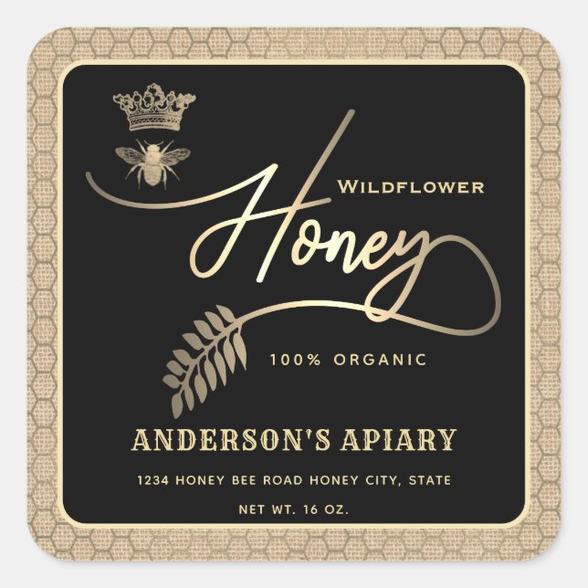 Honey jar modern script queen bee linen look square sticker (Front)