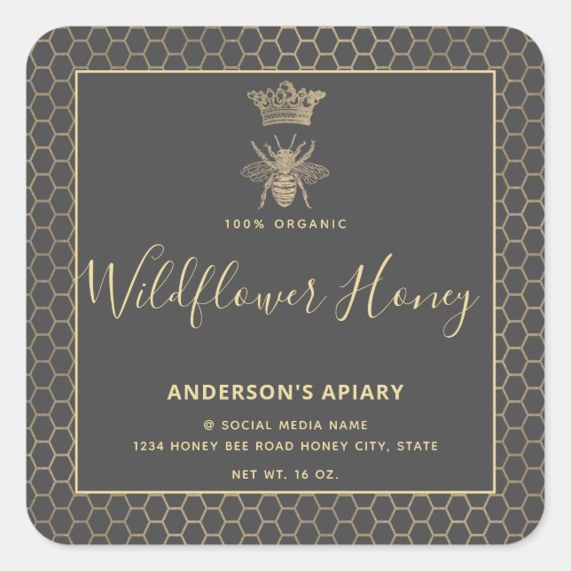 Honey jar modern script queen bee  square sticker (Front)