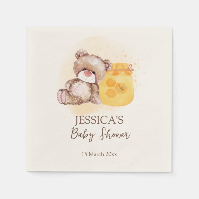 Honey jar teddy bear bearly wait baby shower napkins (Front)
