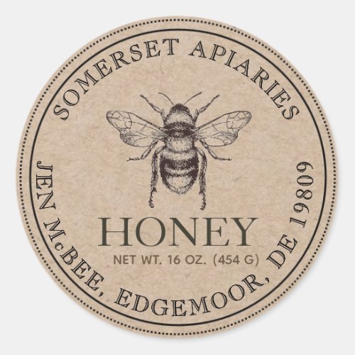 Honey Jar Vintage Bee Natural Bamboo Kraft Paper  Classic Round Sticker