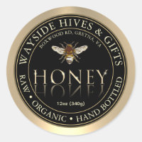 Honey Label Bee and Honeycomb on Black with Border