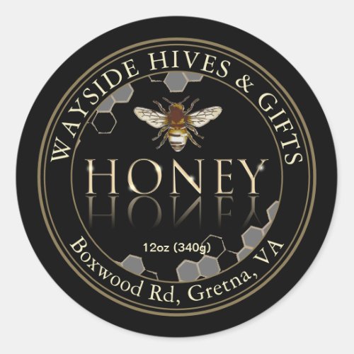 Honey Label Bee and Honeycomb on Black with Border