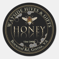 Honey Label Bee and Honeycomb on Black with Border