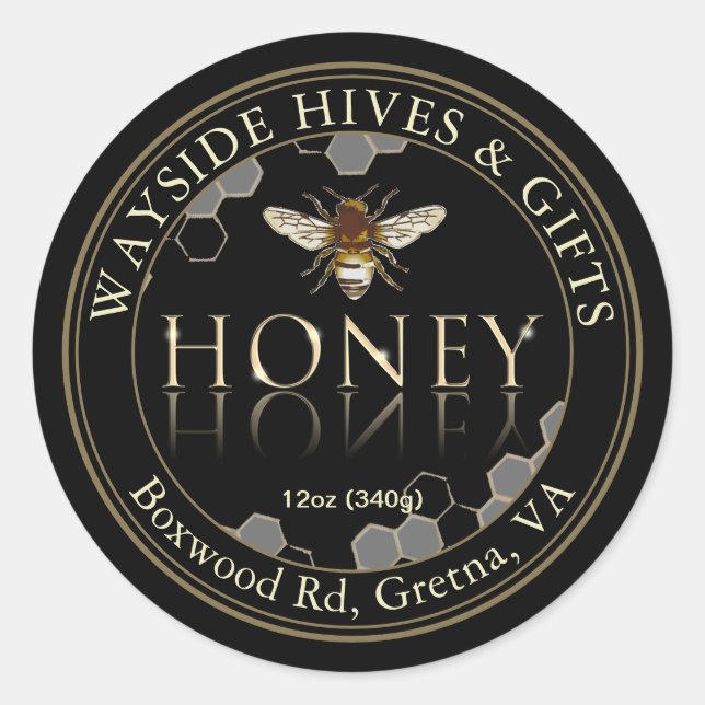 Honey Label Bee and Honeycomb on Black with Border (Front)