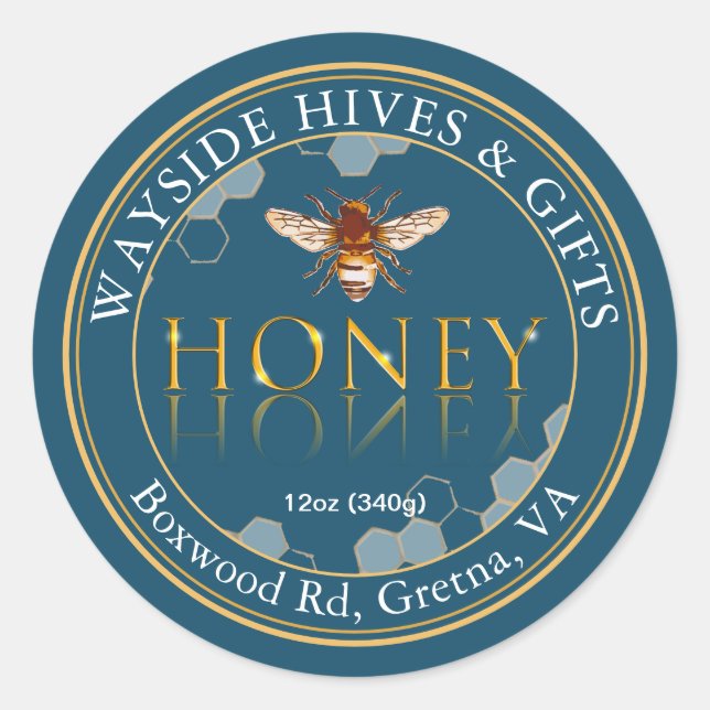 Honey Label Bee and Honeycomb on Teal with Border (Front)