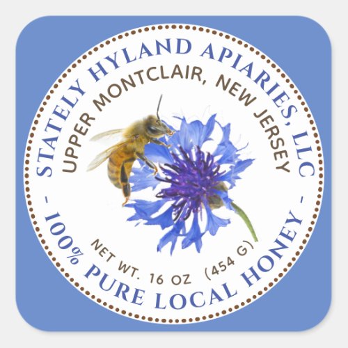 Honey Label Blue Flower Bee and Blue Text Border