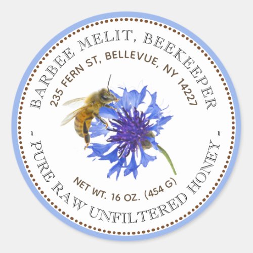Honey Label Blue Flower Bee with Blue Border