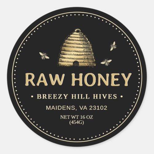 Honey Label Gold Skep Bees Dotted Border Black