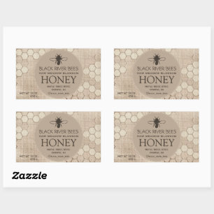 Honey Label Honeycomb and Stylized Bee on Muslin