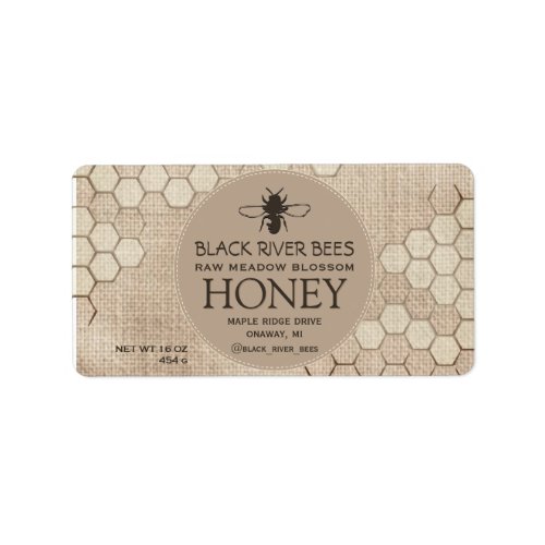 Honey Label Honeycomb and Stylized Bee on Muslin