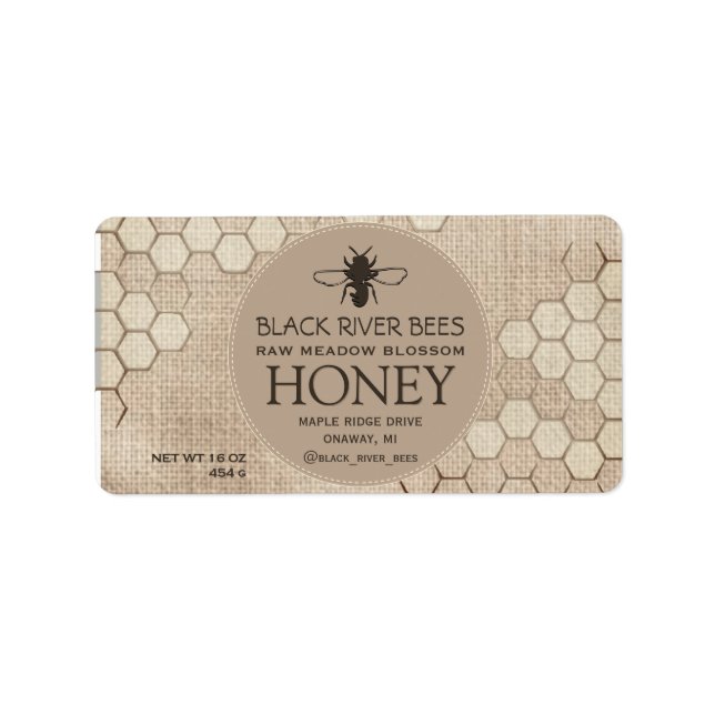 Honey Label Honeycomb and Stylized Bee on Muslin (Front)