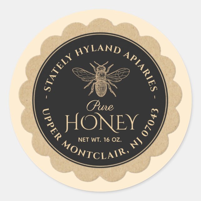 Honey Label Kraft Scallop Border Bee Black (Front)