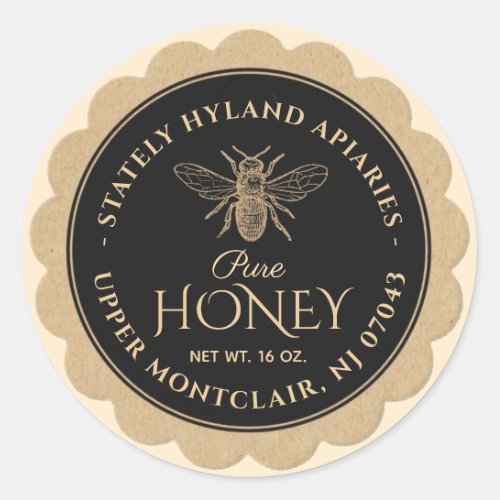 Honey Label Kraft Scallop Border Bee Black