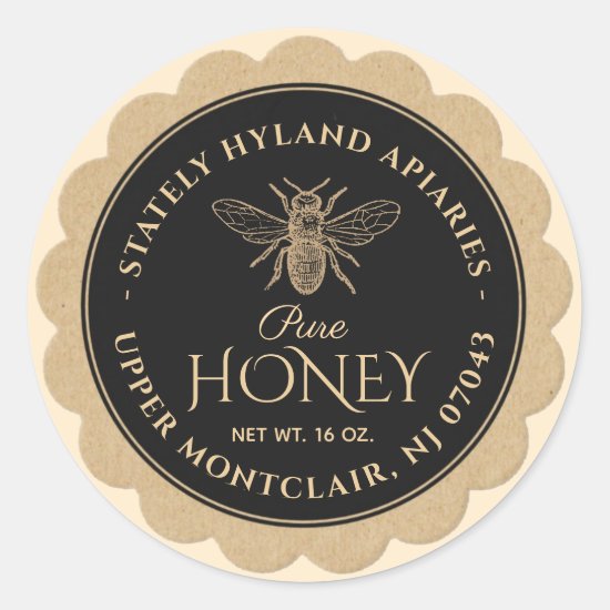 Honey Label Kraft Scallop Border Bee Black