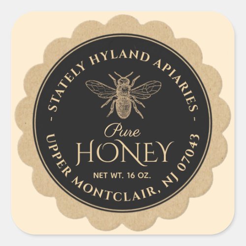 Honey Label Kraft Scallop Border Bee Black Circle