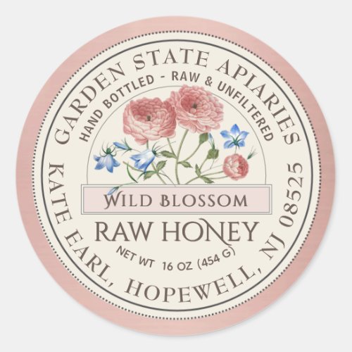 Honey Label Metallic Rose Gold Border Wildflowers