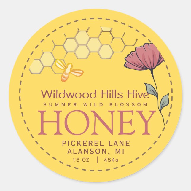 Honey Label Wildflower Bee and Honeycomb Yelllow (Front)