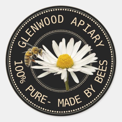 Honey Label with Bees and Daisy on Black