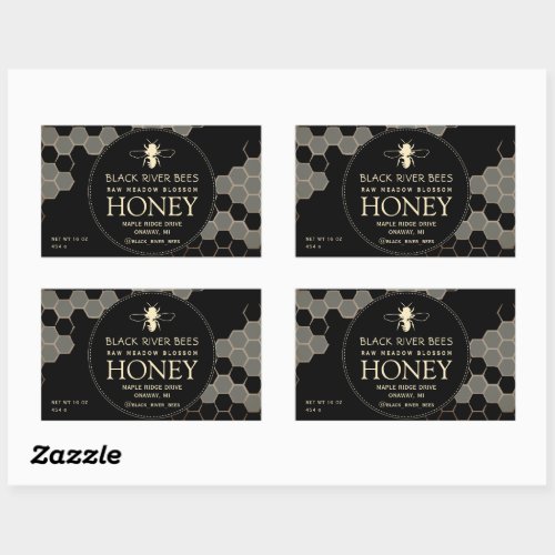 Honey Label with Honeycomb and Stylized Bee Black